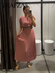 TRAFZA 2024 Woman Summer Dress Pink Sleeveless O-Neck Loose Pleated Dresses Women's Chic Elegant With Belt Wild Female Dress