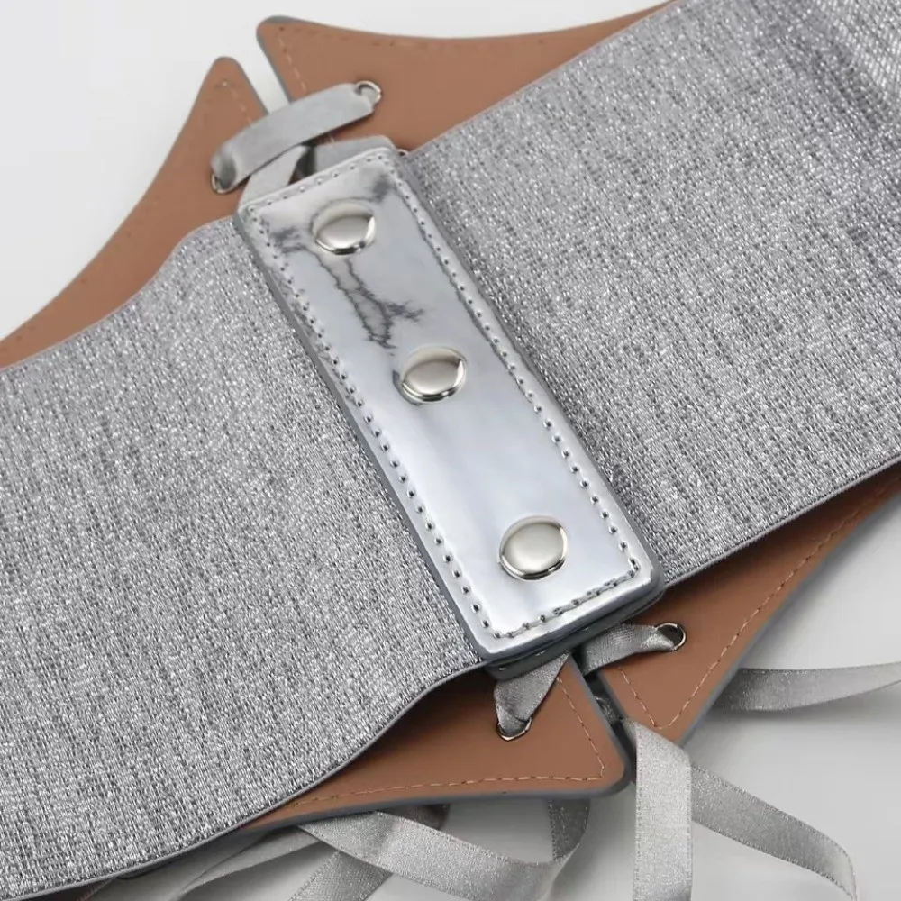 Cinto de cintura retrô versátil couro PU ouro prata cinto largo design elástico alça de cintura com cadarço para mulheres