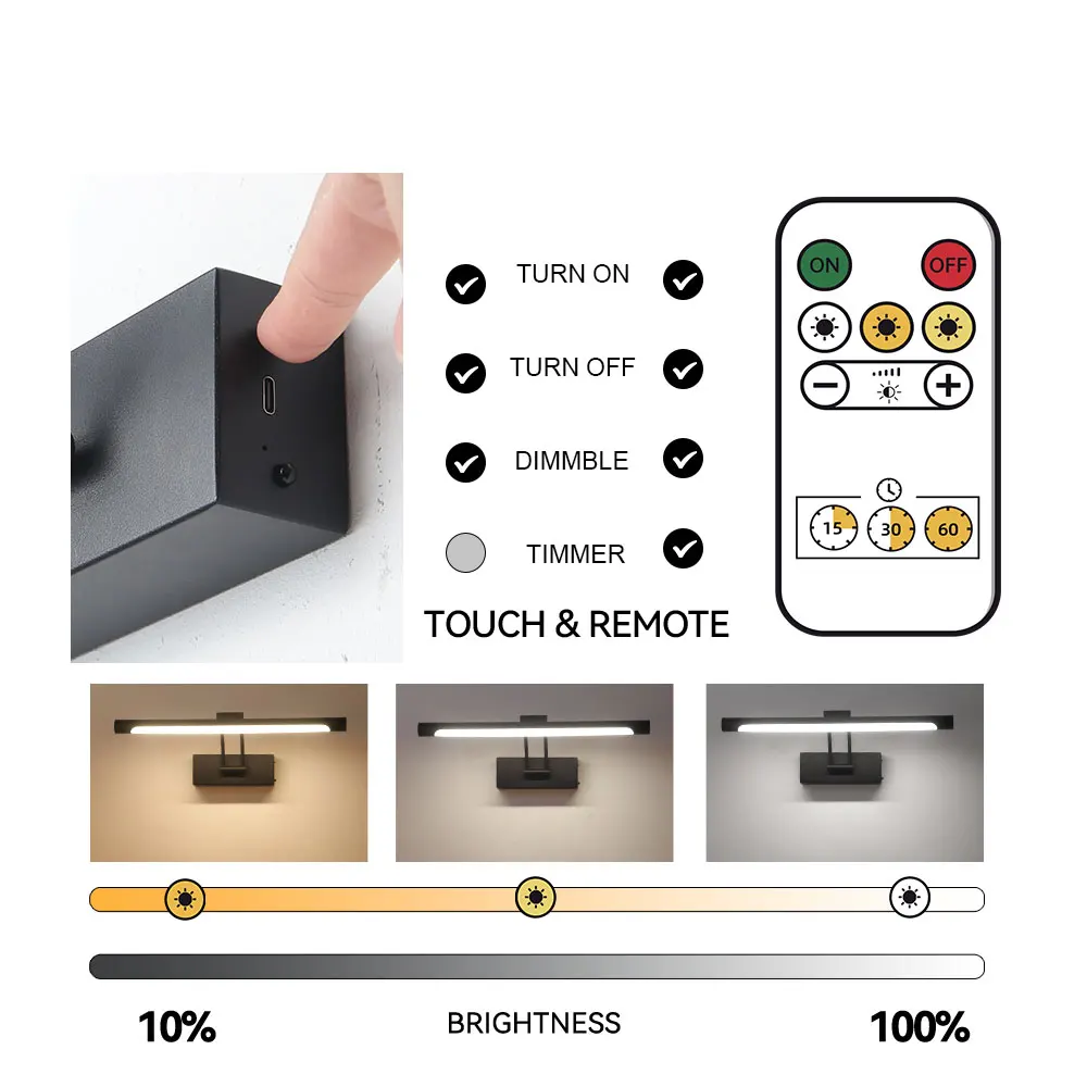 Настенный светильник с изображением 4000 мАч, светодиодный беспроводной настенный светильник, трехцветный, с регулируемой яркостью, с дистанционным художественным дисплеем, перезаряжаемый на батарейках