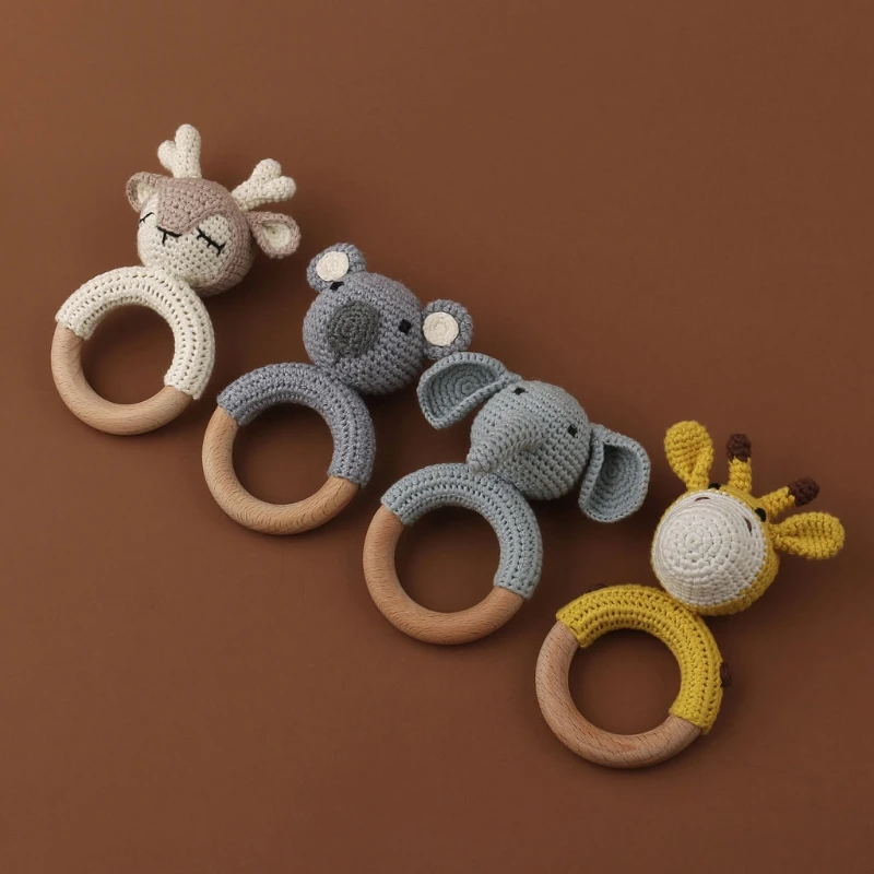 Wooden Circle Knitted Animals Shape Baby Teether Food Grade Baby Teething Necklace Rodents DIY Pacifier Clip Baby Produc