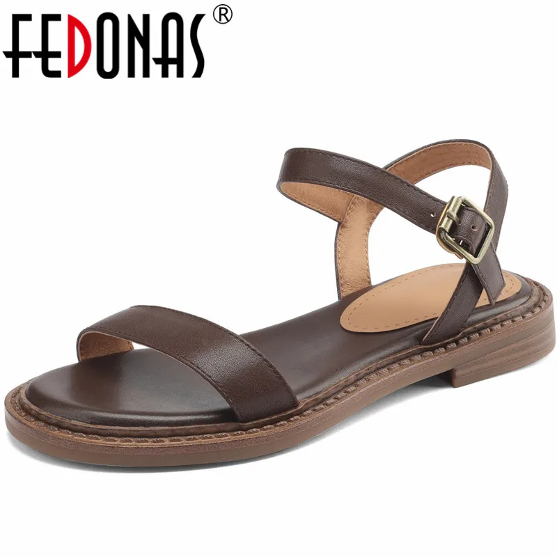 FEDONAS Concise Ankle Strap Women Sandals Genuine Leather Summer Casual Working Shoes Woman Low Heels Leisure Basic New Arrival