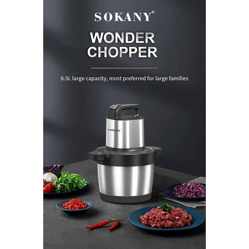 6.5L Large Capacity 1500W Electric Food Processor Chopper Three Speeds Stainless Steel Vegetables Meat Grinder Mincer