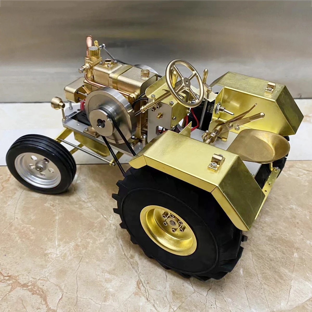 1.6CC Brass Gas Roller Tractor Model Horizontal Water Cooled Single Cylinder Internal Combustion Engine T12 Model Toy Gift