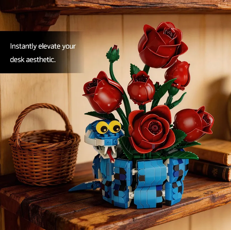 2 In 1 Rose & Snake Building Blocks Set DIY Red Rose Flower Bouquet & Snake Model BricksEducational Assembly Toy Gift for Adults