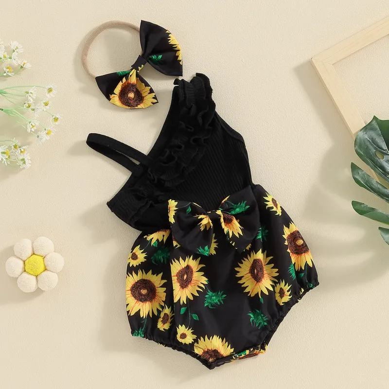 Baby Girl 2 Piece Outfits Sunflower Print Asymmetrical Sleeveless Romper and Headband Set Cute Fashion Summer Clothes