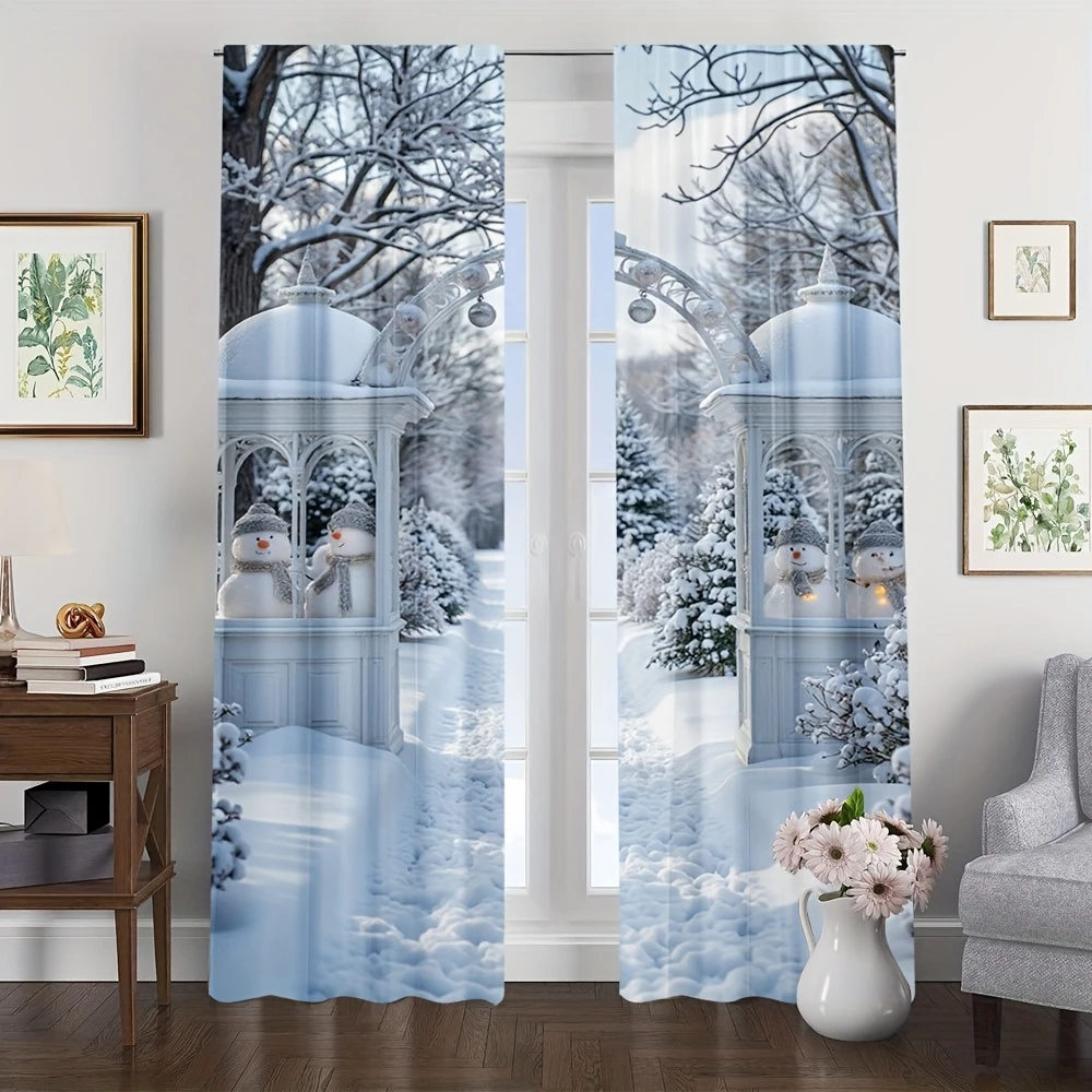 Winter Snow Gazebo Snowman Garden Curtains, Rod Pocket, Polyester, Home Decor, Bedroom Living Room, Peaceful Home Decor