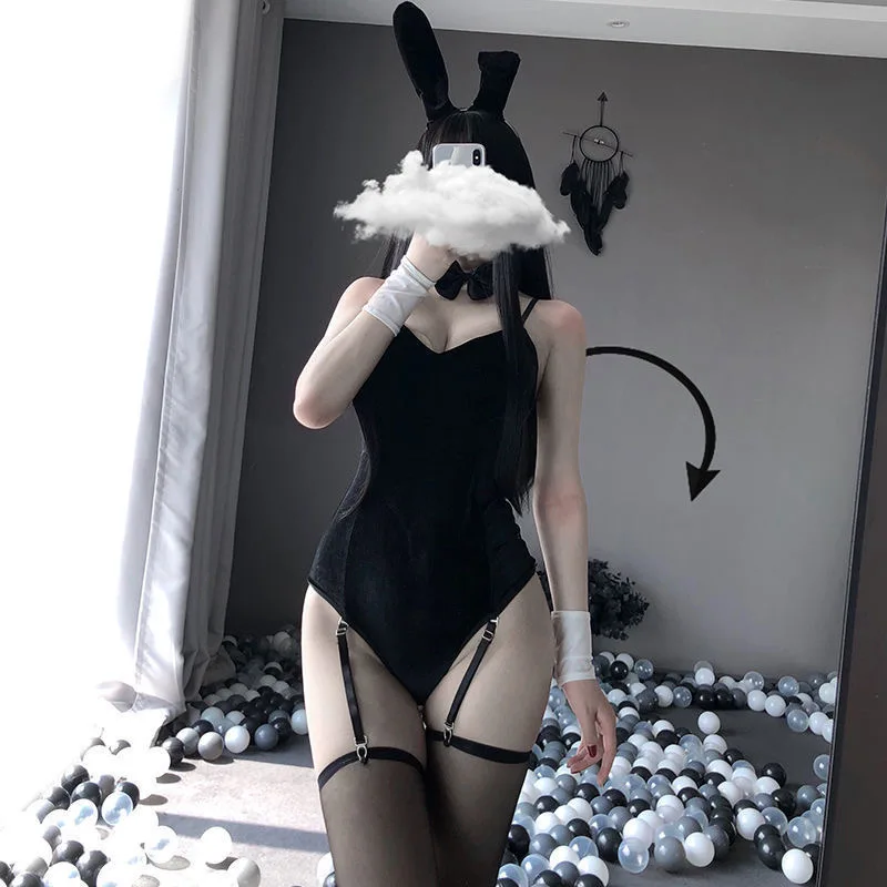 Japanese Women Naughty Pink Bar Bunny Girl Cosplay Kawaii One Piece Velvet Bodysuit Set Female Rabbit Costume Jumpsuit Baby Doll