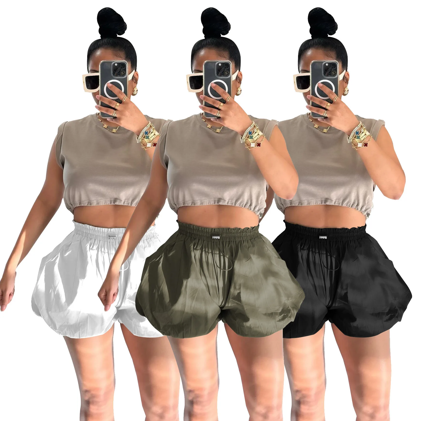 

Sexy Puff Shorts Pant Bloomers High Waist Skinny Pants 2024 Summer Women Sweat Fashion Pleated Cargo Pant Y2K Streetwear Clothes