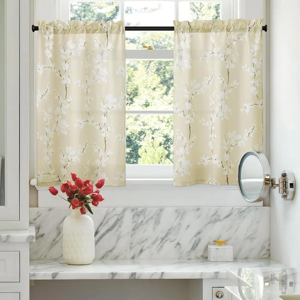 

Beige Kitchen Tier Ains 24 H Length Windows White Blossom Print Light Ing Privacy Tiers For Bathroom Living Room Privacy Small