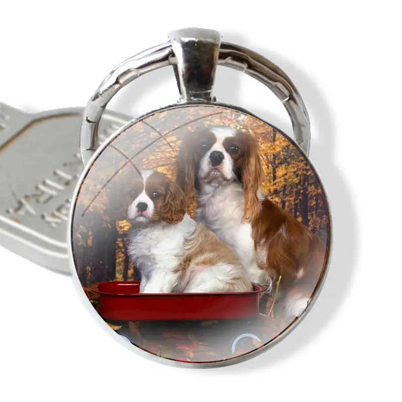 Keychain Handmade Glass Cabochon Key Ring Holder Pendant Key Chains Cute Cavalier King Charles Spaniel Dog