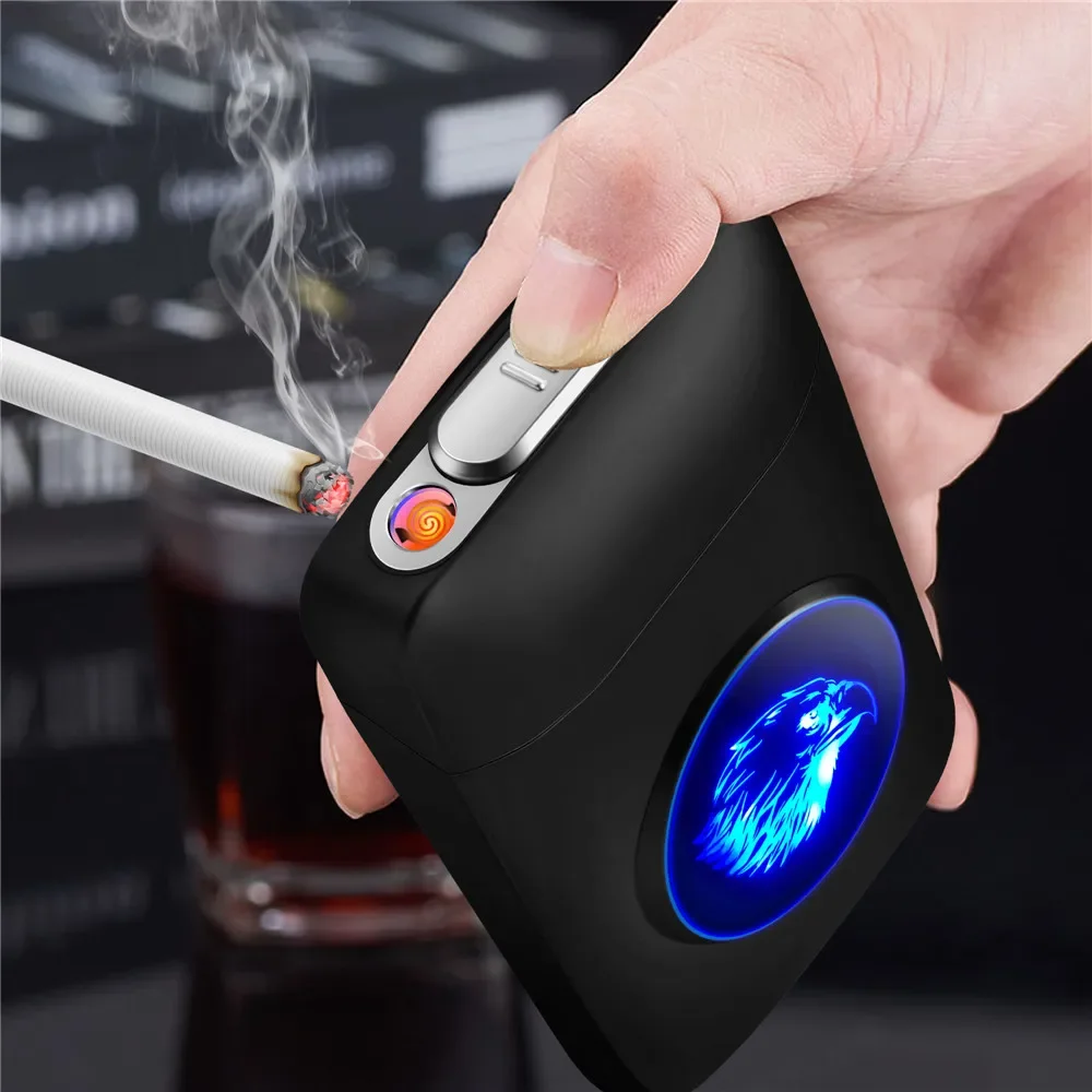 Cigarette Case With LED USB Windproof Lighter Glow With Animal Pattern Cigarette Storage Box Portable Cigarette Case Smoke Tool