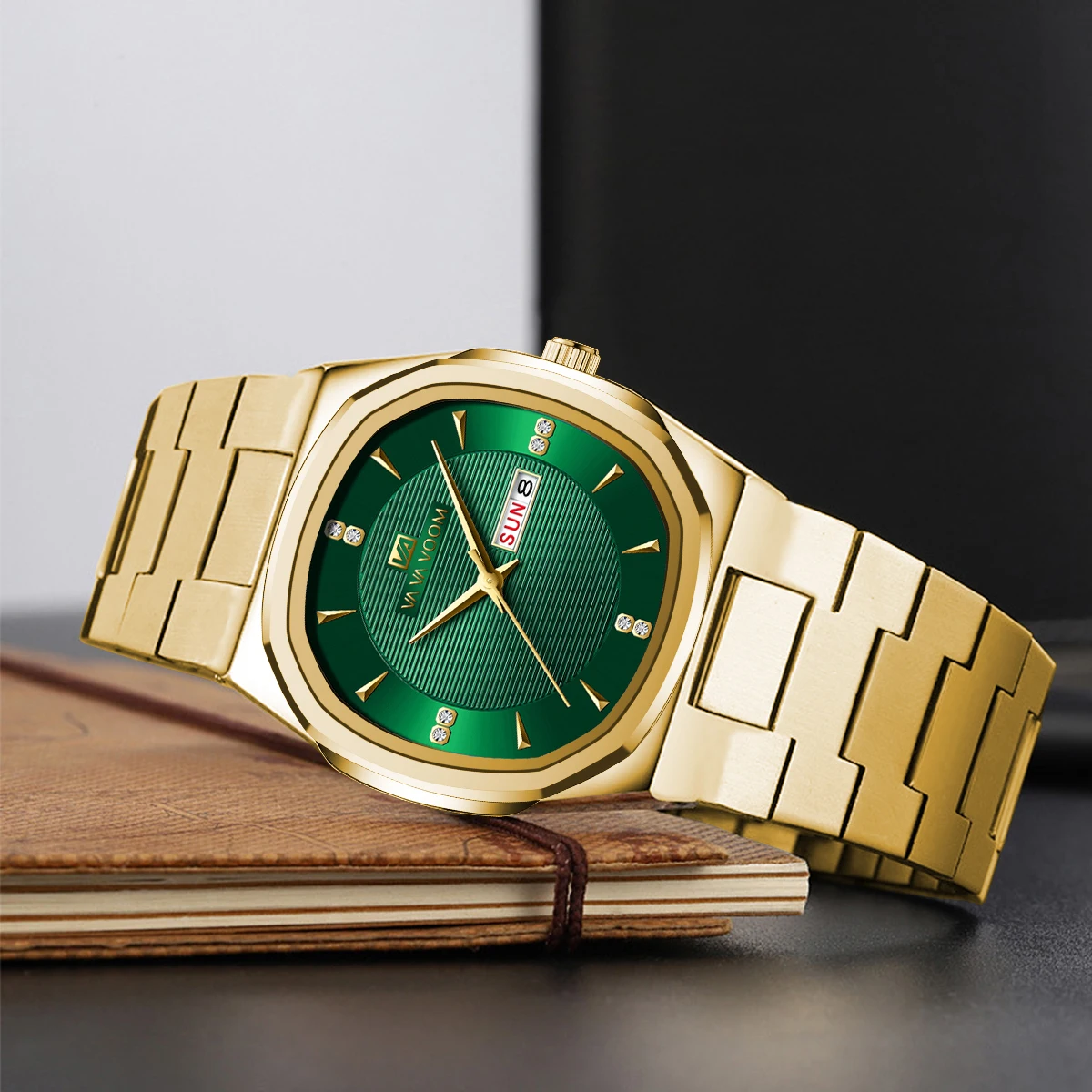 楕円形のラインストーンダイヤル付きメンズ腕時計,ステンレススチールストラップ,ゴールド,デュアルカレンダー,クォーツムーブメント,ファッショナブル,ラグジュアリー