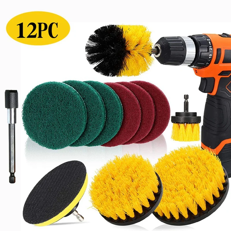 12 Piece Electric Cleaning Brush Yellow Brush Head Set Floor And Wall Cleaning And Polishing Metal+Plastic