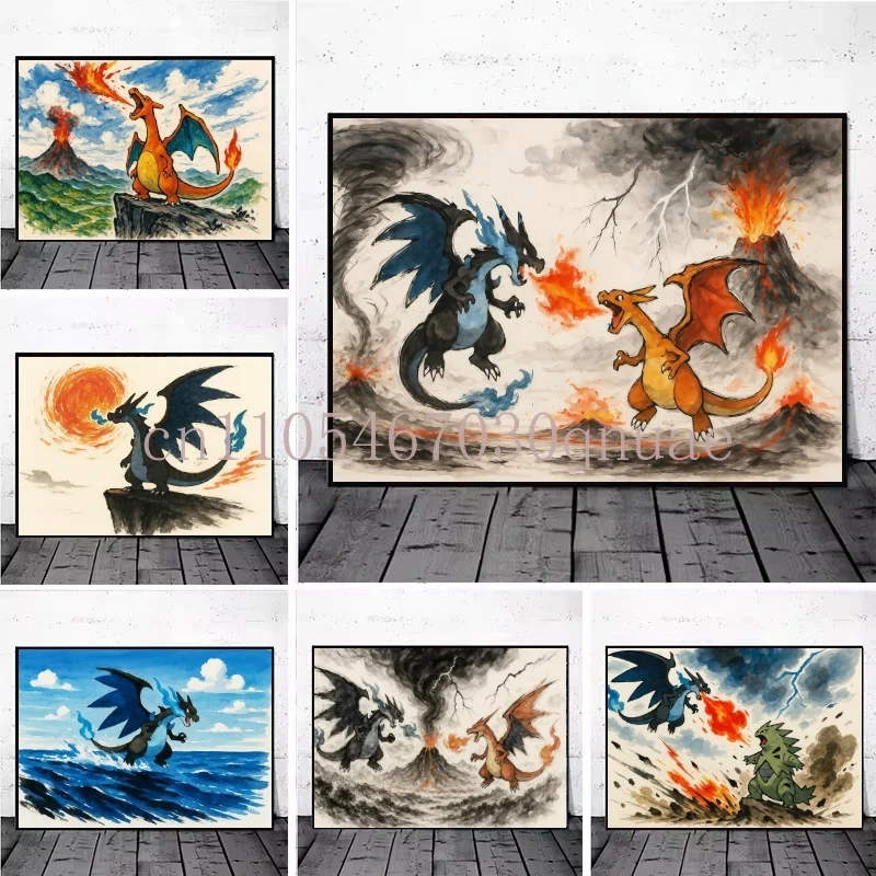 

Pokemon Anime Cartoon Canvas Painting Charizard Poster Print Mural High Quality Picture Wall Art Home Aesthetic Decor Cuadros