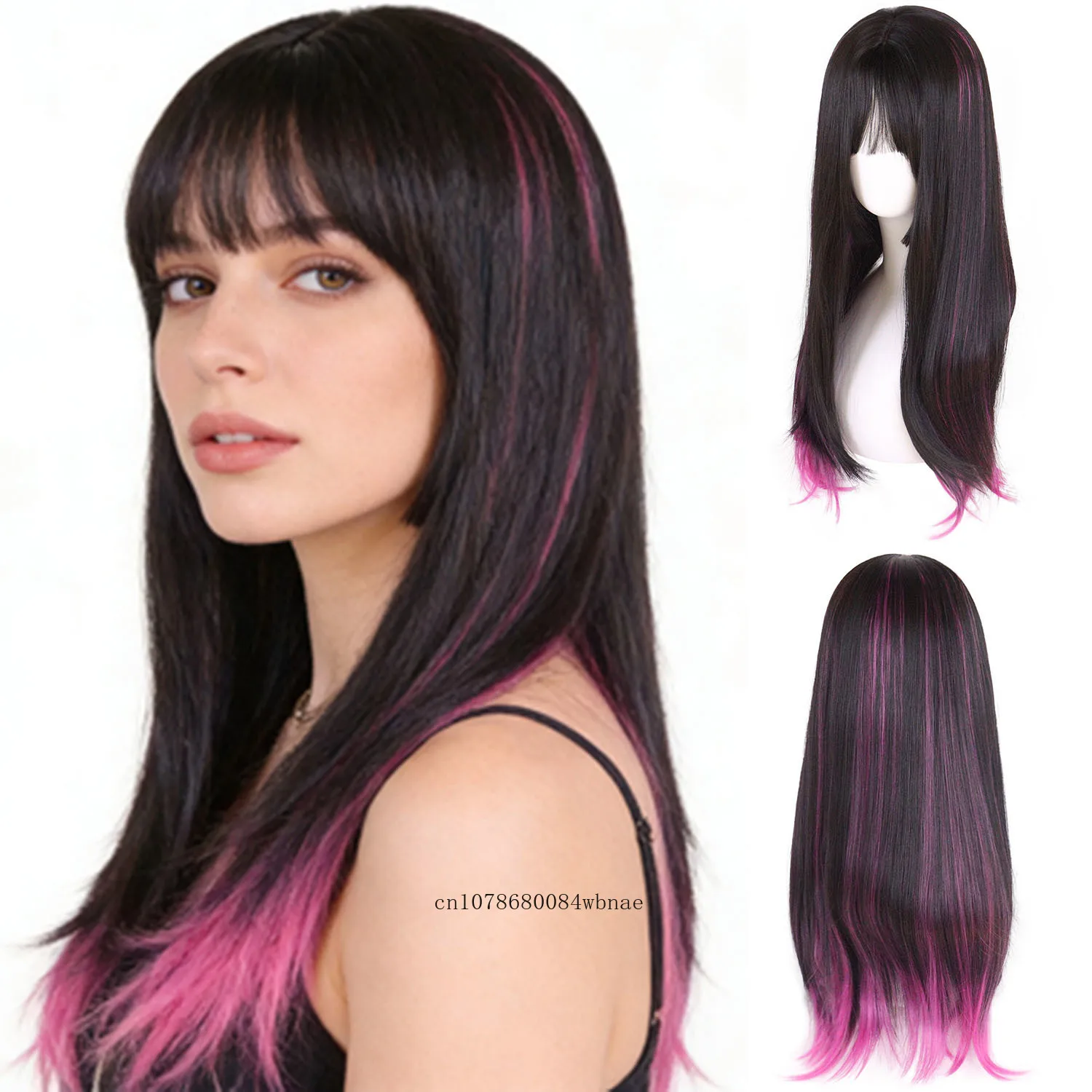 

Synthetic Rose-Pink Highlights Princess Cut Wigs for Women Dark Brown Wig with Bangs Costume Party Halloween Outfit for Girls