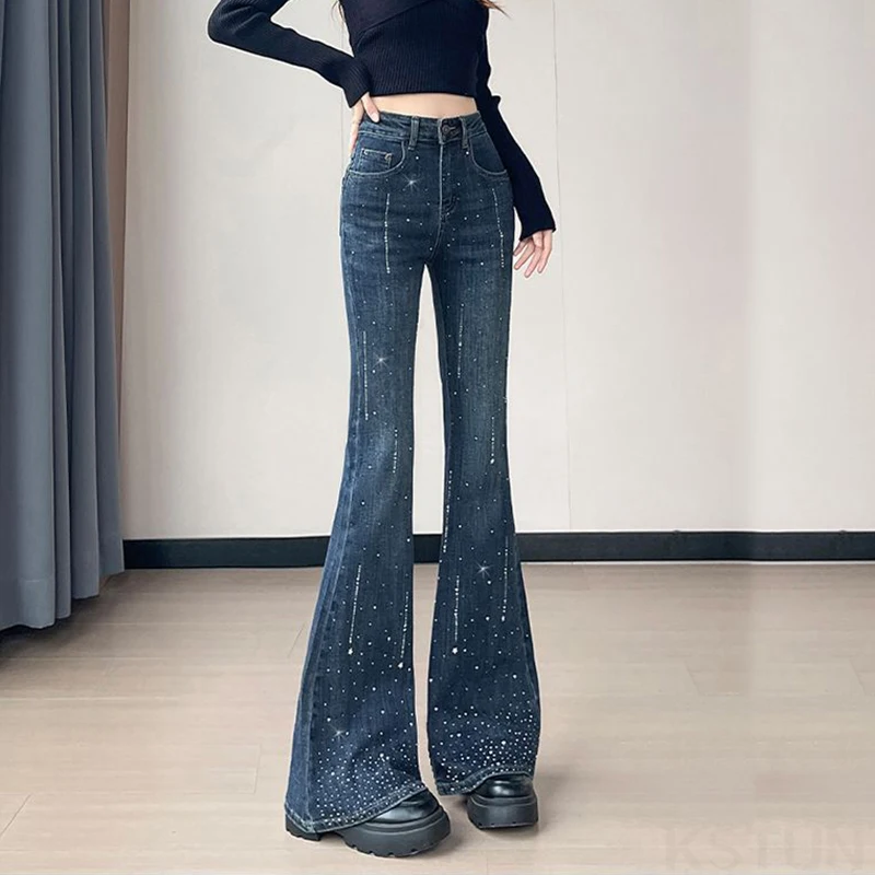KSTUN 2026 Spring Skinny Jeans For Hot Girl High Waist Bell Bottom Trousers Women Stretch Flared Pants Hotfix Rhinestone Trendy