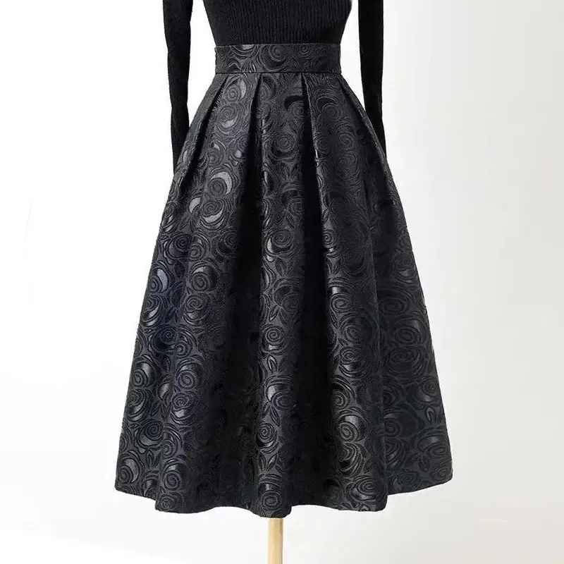 Black Rose Floral Vintage Elegant High Waist Ball Gown Loose Women's Skirt Knee-Length Long Skirts For Women Clothing Fashion