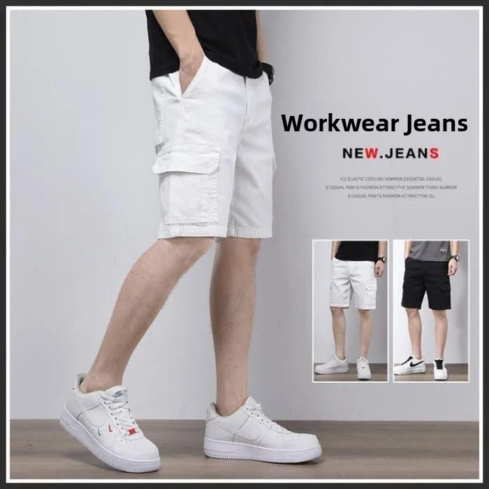 

Летние мужские джинсовые шорты 2025 года, белые, тонкие, эластичные, свободного кроя, для подростков, повседневные, модные, молодежные, трендовые