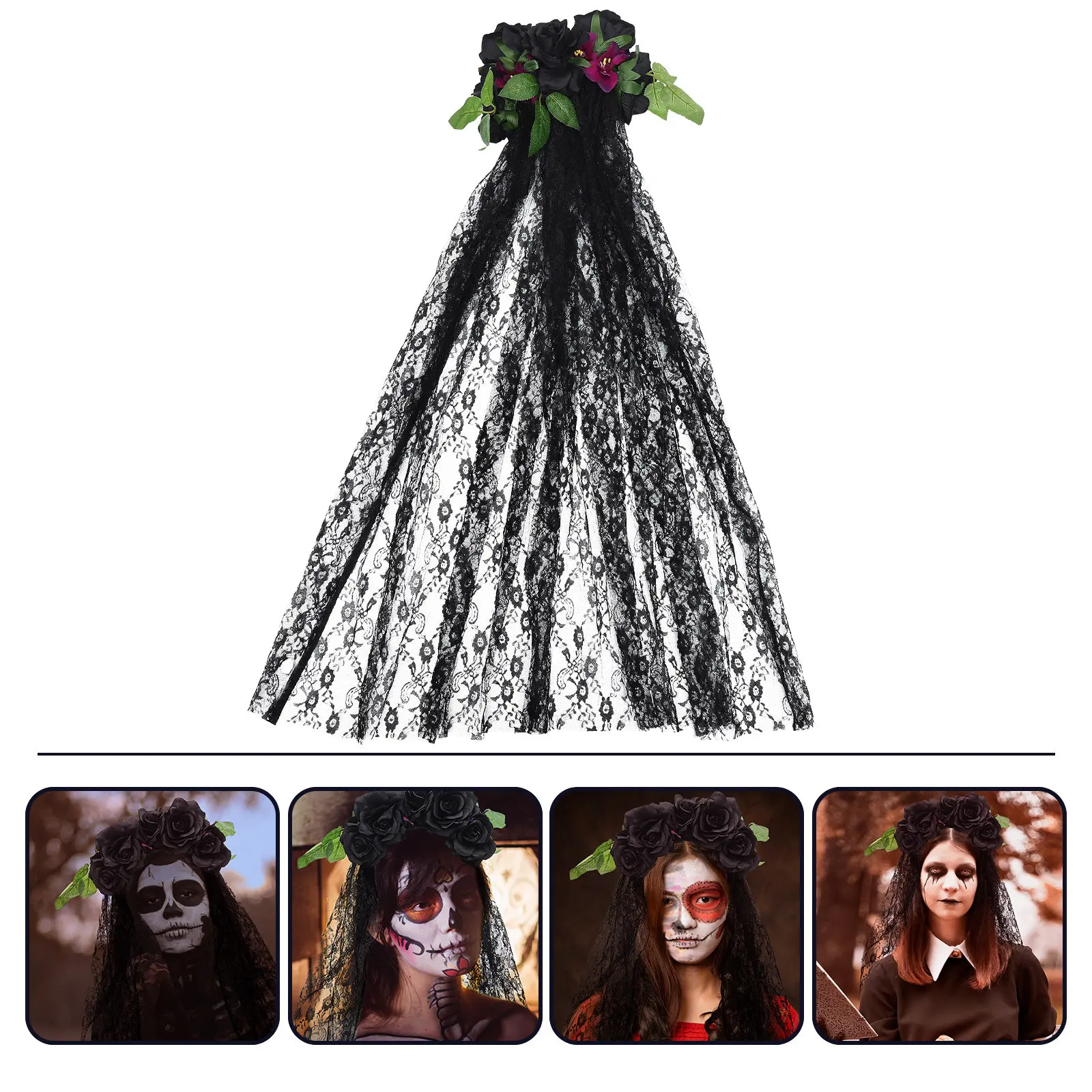 

Halloween Women Witch Hairband Rose Veil Creative Hair Accessory Party Decoration Stage Performance Unique Headwear