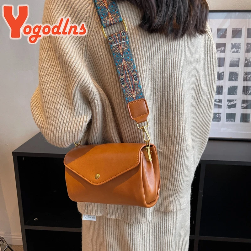 Vintage Shoulder Bag Female PU Leather Pillow Shape Bag Fashion Crossbody Bag Wide Strap Satchel Handbag Clutch Purse