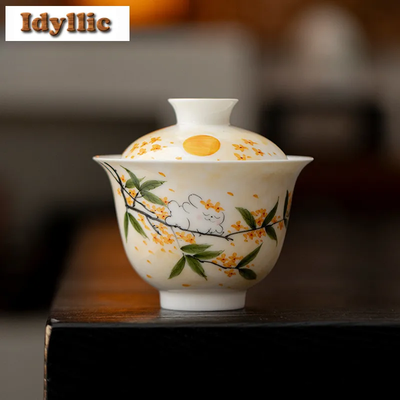 150ml Hand Drawn Osmanthus Cute Rabbit Gaiwan Vintage Tea Tureen Tea Bowl With Lid Kit Tea Maker Cover Bowl Drinkware Supplies