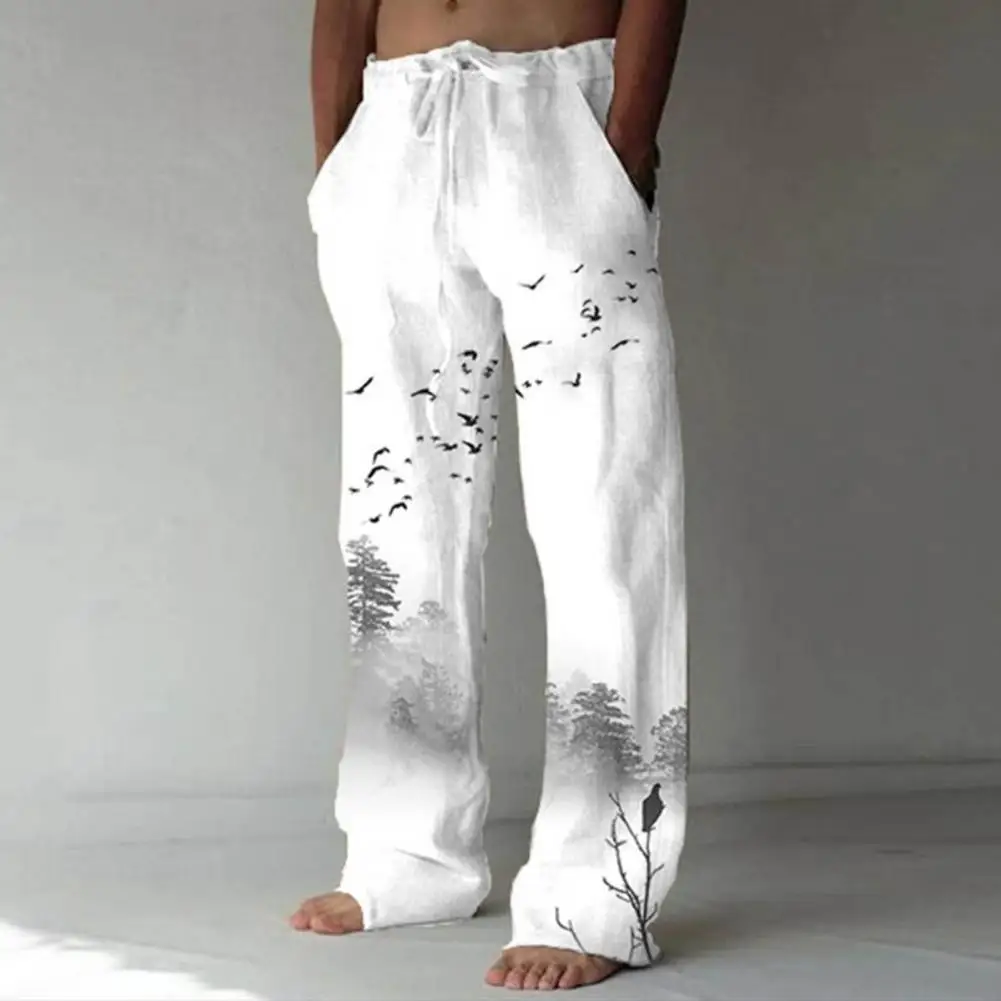 Vintage Men Beach Pants Solid Color Flying Birds Print Summer Lace-up Elastic Waist Wide Leg Pants Casual Male Streetwear