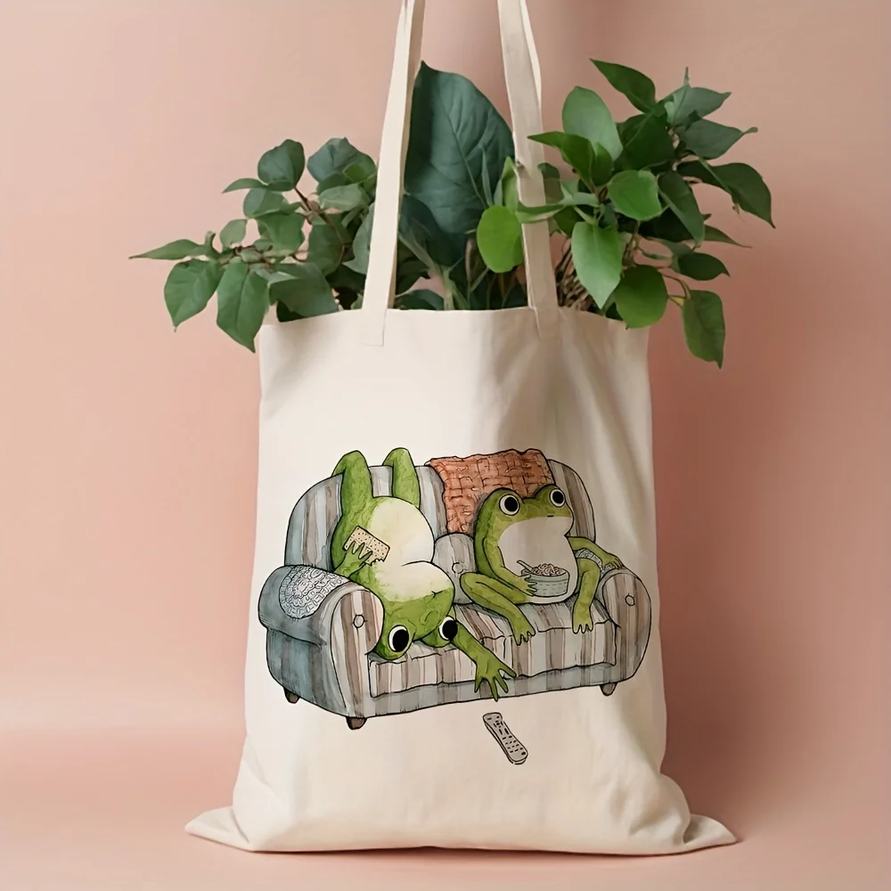 Frog Illustration Canvas Tote Bag Reusable Grocery Bag with Cartoon Frogs Lounging on Couch Design Canva Leak Proof Shoulder Bag