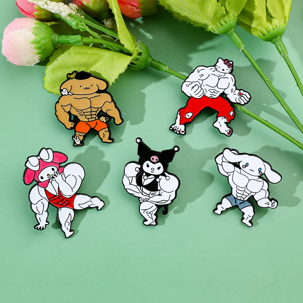 Grappige Spierserie Emaille Pinnen Kawaii Anime Hello Kitty Brooch Fitness Hunk Paar Melodie Kuromi Bag Pins Accessoires