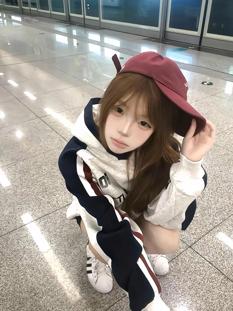 레트로 아메리칸 스플라이스 컬러 블록 후드티 여성용 오버사이즈 레이지 스타일 루즈 시크 아우터웨어 긴팔 스트릿웨어 스트라이프 프린트