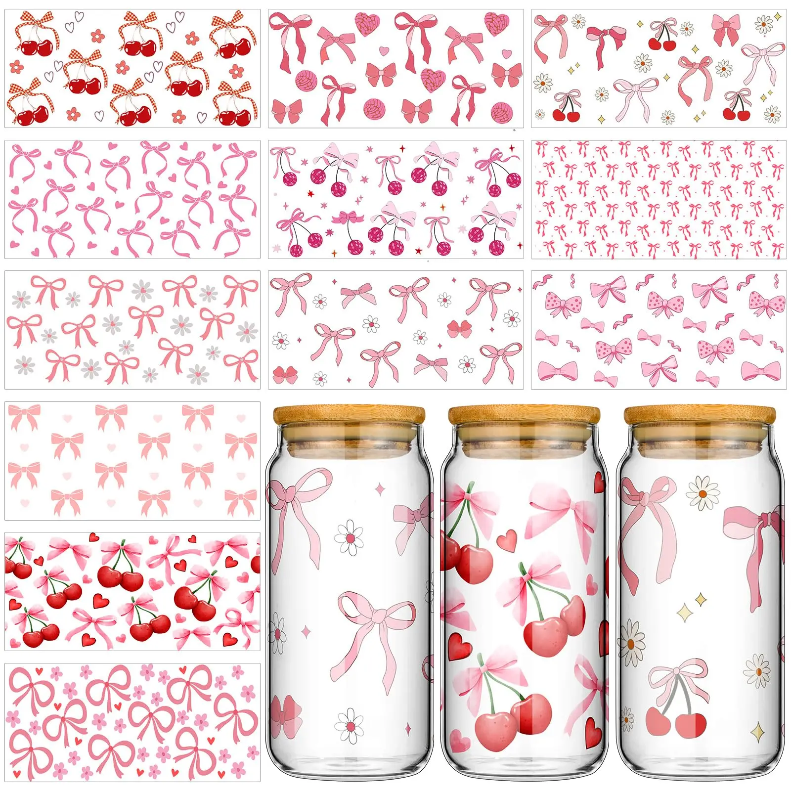Bündel mit rosa Schleifen-Kirsch-Motiv-Cartoon-UV-DTF-Transferaufklebern, DIY-Aufkleber, 3D-Transfers, UV-DTF-Aufkleber, 16oz UV-DTF-Becherfolien