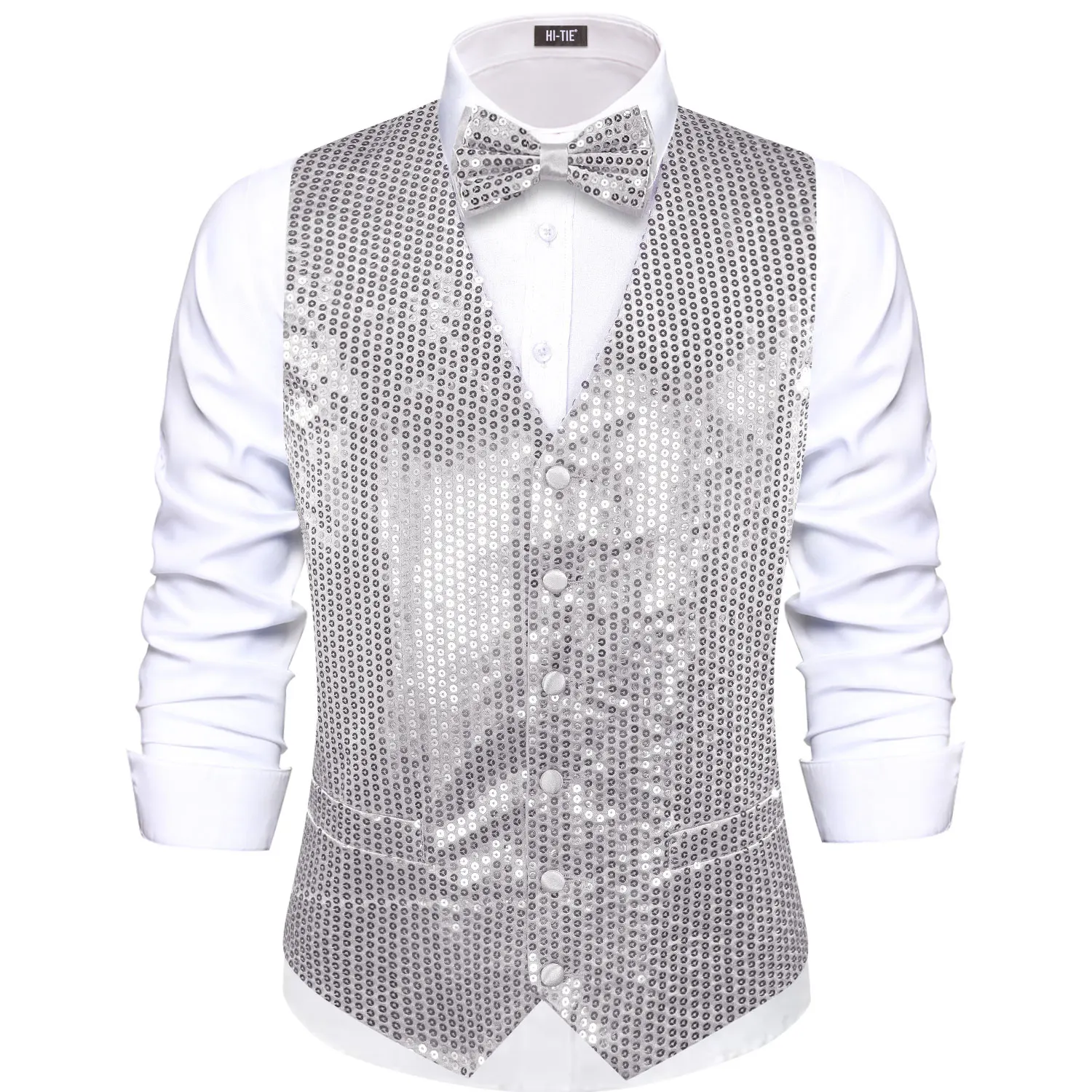 Hi-Tie Light Grey Sequin Jacquard Collar Suit Vest Slim Fit Waistcoat for Wedding Groomsmen V-Neck Tuxedo Sleeveless Jacket