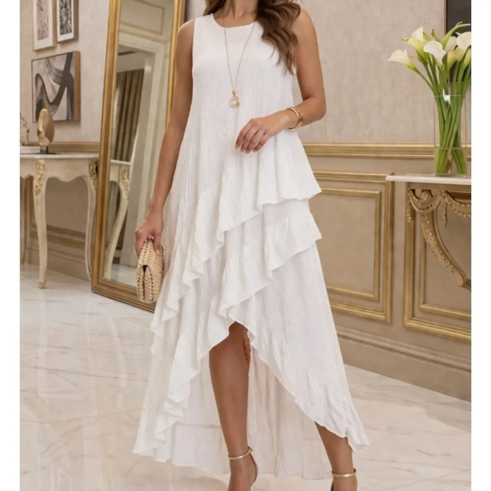 Ruffled Irregular Resort Style Dress Lady New Round Neck Sleeveless Dress Summer Elegant Casual Fashion V Neck Loose Maxi Dress