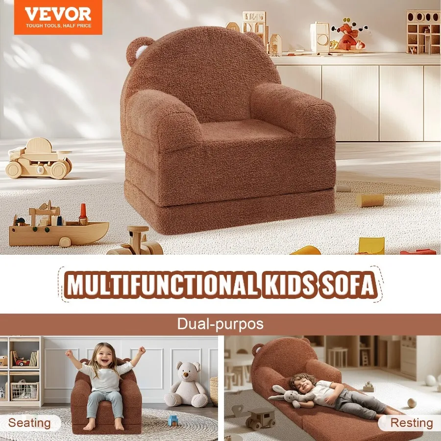 Couch 2-in-1 Toddler Chairs Comfy Sofa Bed Fold Out Convertible Lounger Chair Seat Playroom Furniture Brown