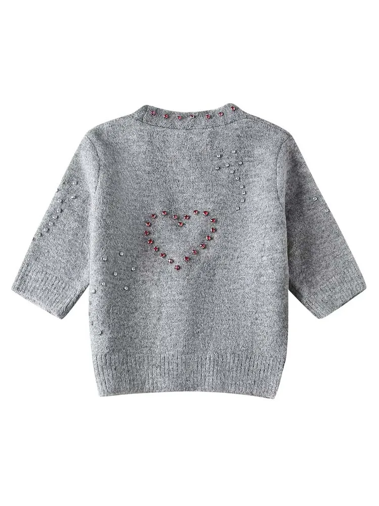 Fashion Beaded hearts knit cardigan Women 2024 Collection Luxury V-neck Rhinestone sweater Short sleeve Knitwear 2024 Gray 4O024