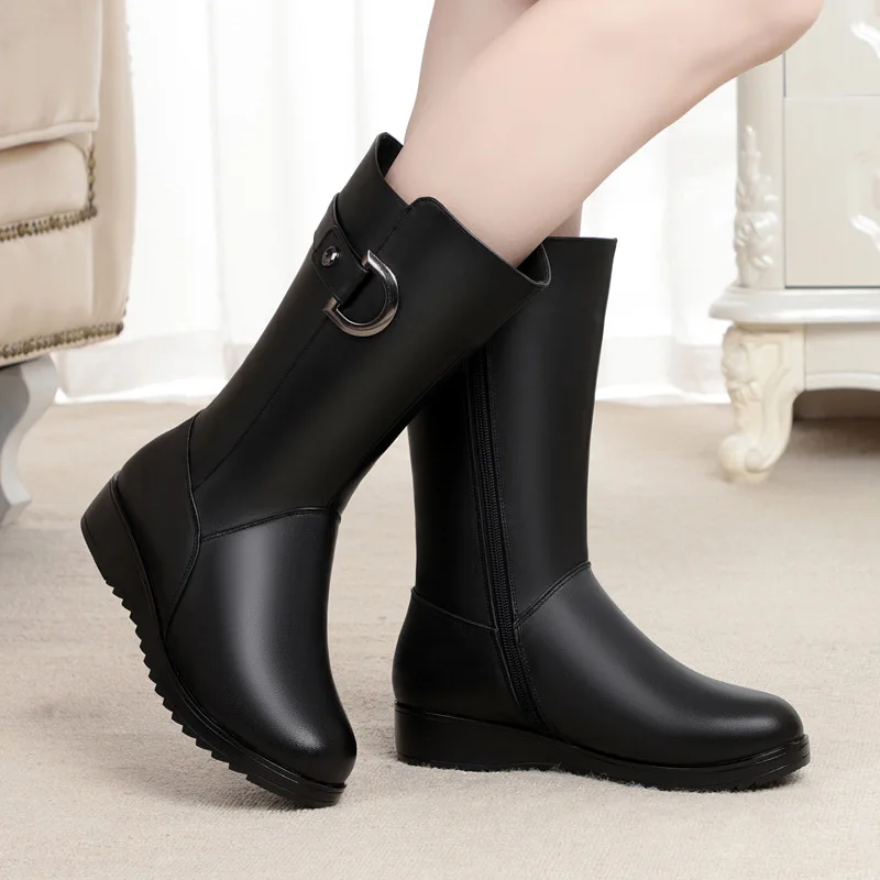 New High Quality Knee High Women\'s Genuine Winter Comfortable Black Warm Long Shoe Snow Boots Flat Bottom Zipper Non-slip Casual