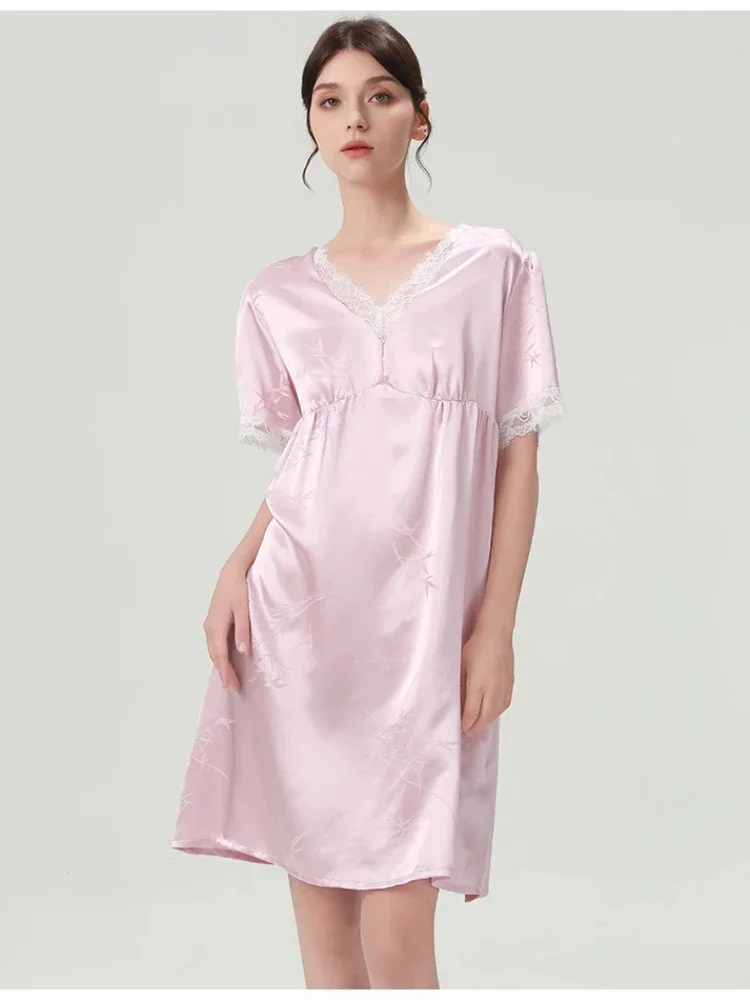 

19 мм натуральный тяжелый шелк пижамы принцессы платье для сна жаккардовый 100% тутовый шелк женская летняя ночная рубашка с коротким рукавом ночная рубашка