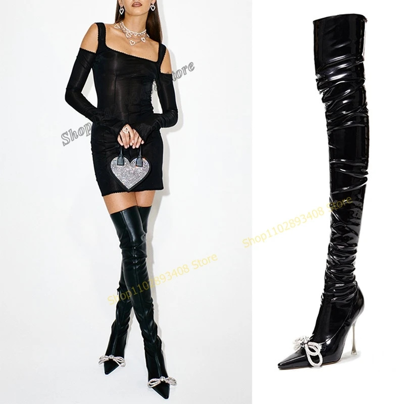 Black Crystal Butterfly Knot Over the Knee Boots punta a punta tacchi a spillo scarpe da donna con tacco alto 2023 Fashion Zapatos Para Mujere