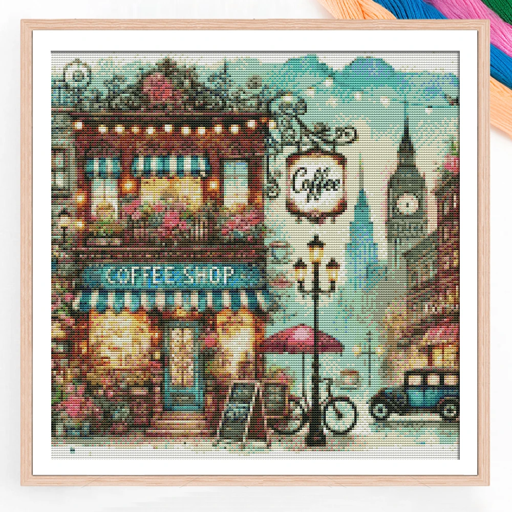 DIY Cross Stitch Coffee Shop Complete Kit Embroidery Landscape Pattern Unique Christmas Gift Modern Home Decor