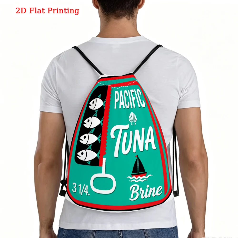 Retro Vintage, Drawstring Backpack, Pacific Tuna Can 2D Flat Printing Graphic, Gym Sports Bag, Outdoor Travel Cinch Sack