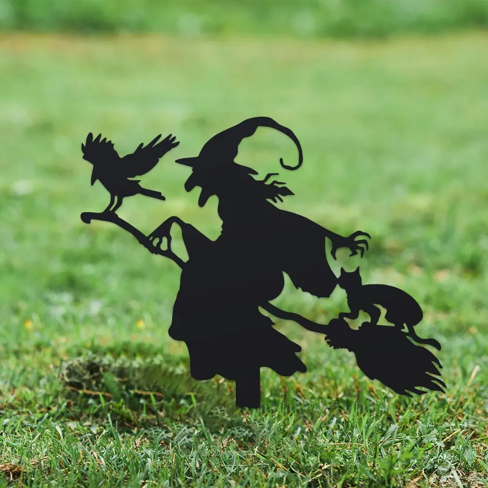 Witch on Broomstick Metal Garden Stake - Halloween & Fall Decor with Cat and Crow, Outdoor Home Accent