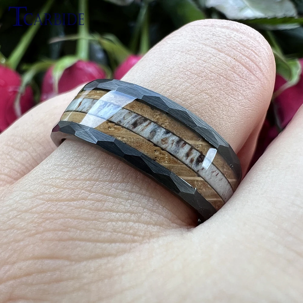 8MM Cool Hammer Ring Men Women Tungsten Carbide Wedding Band With Whiskey Barrel Oak Wood And Deel Antler Inlay Comfort Fit