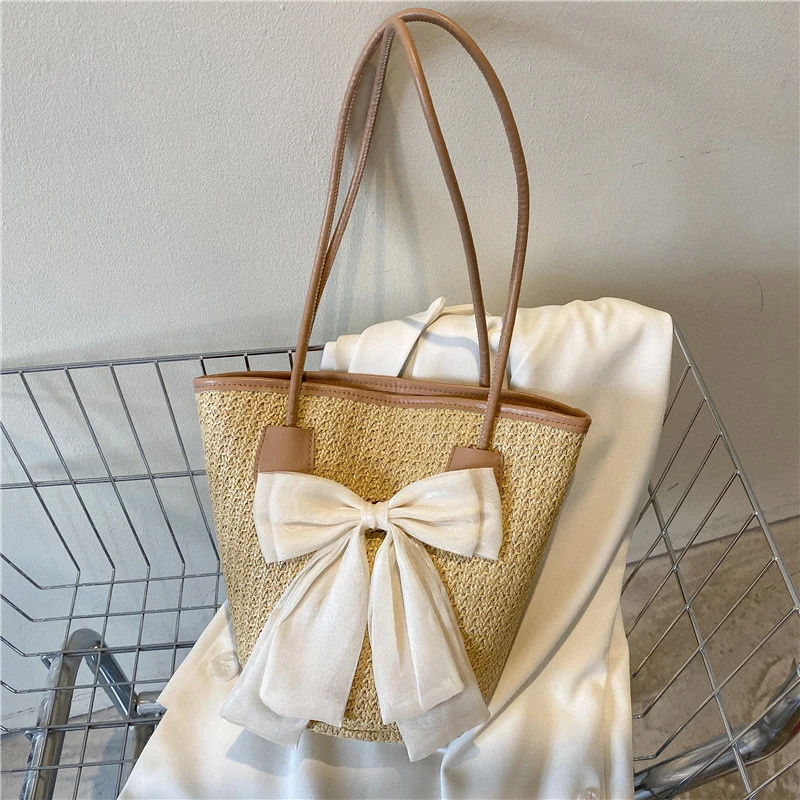 Grass Woven Bag For Women's New Style Woven Bucket Bag With Bow And Tote Bag