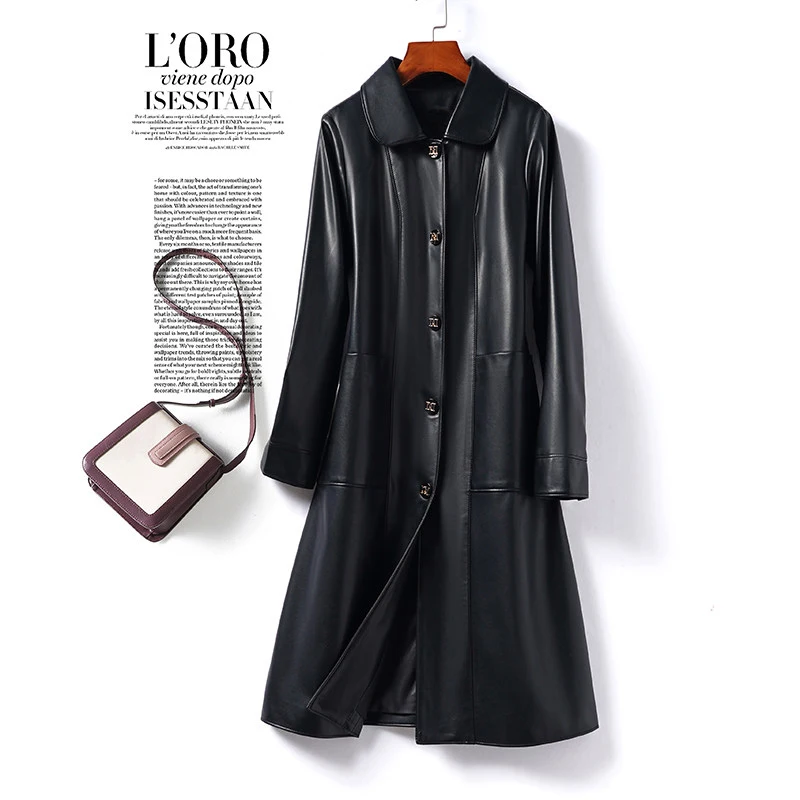 New Women Split Leather Long Coat Spring Autumn Fashion Turn-down Collar Single Breasted Slim Leather Coat Casual Daily Coat view 5