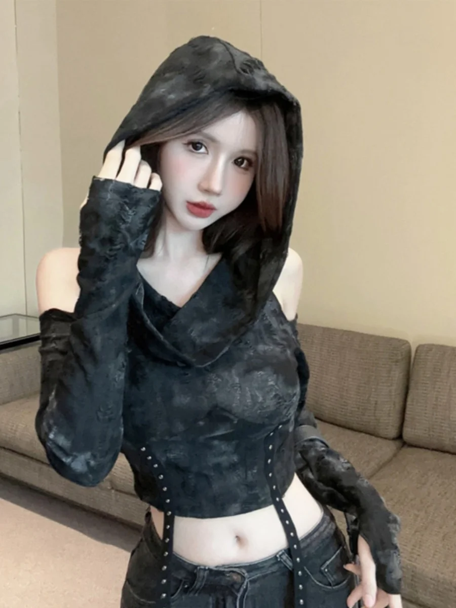 Handmade Shoulder Bared Short T Shirt Women's Distressed Style Y2K Hole Design Commute Style Korean Version Slim Fit Creative...