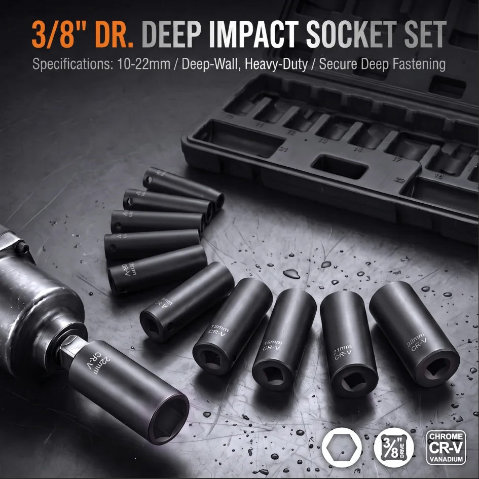 Hi-Spec 10PCS 3/8 Inch Drive Extra Deep Impact Socket Set CR-V Long Deep Hole Socket 10-22mm Auto Repair Tool Box Case