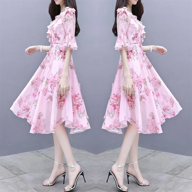 Women\'s New Fashion Ruffled Dress 2024 Summer Korean Fashion Slim Medium Long V-neck Chiffon Floral Dress Female A Word Skirt