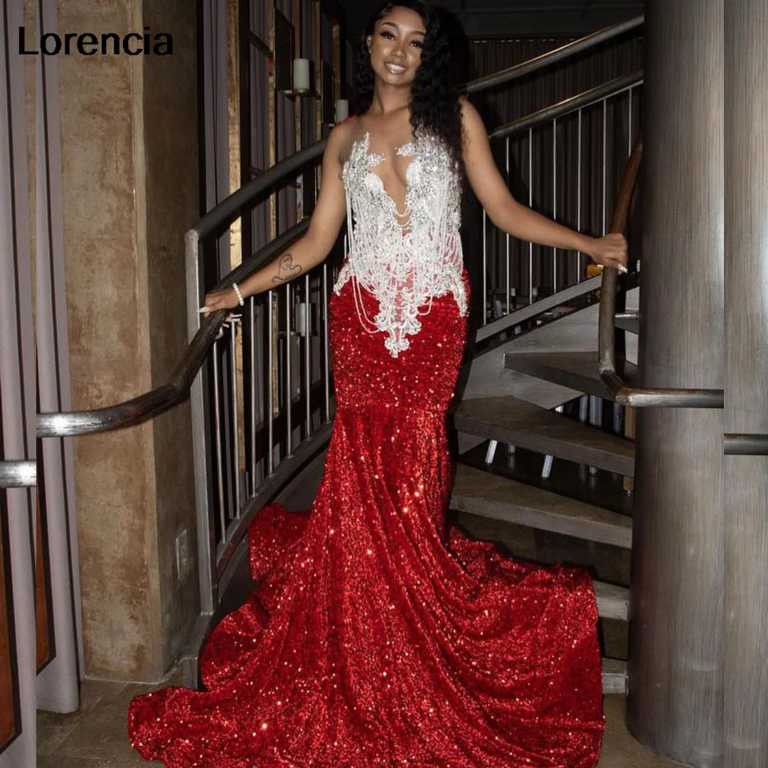 Lorencia 2024 Burgundy Sequins Prom Dress For Black Girls Silver Crystal Diamonds Beaded Patry Gala Gown Robe de soirée YPD146