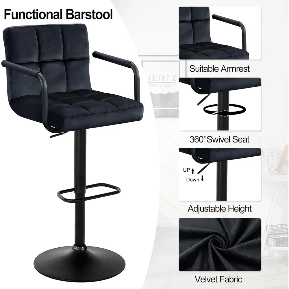 Adjustable Barstools with Back, Black bar stools Set of 2, Velvet 360°Swivel Bar Stools, Double Stitching Counter Stools