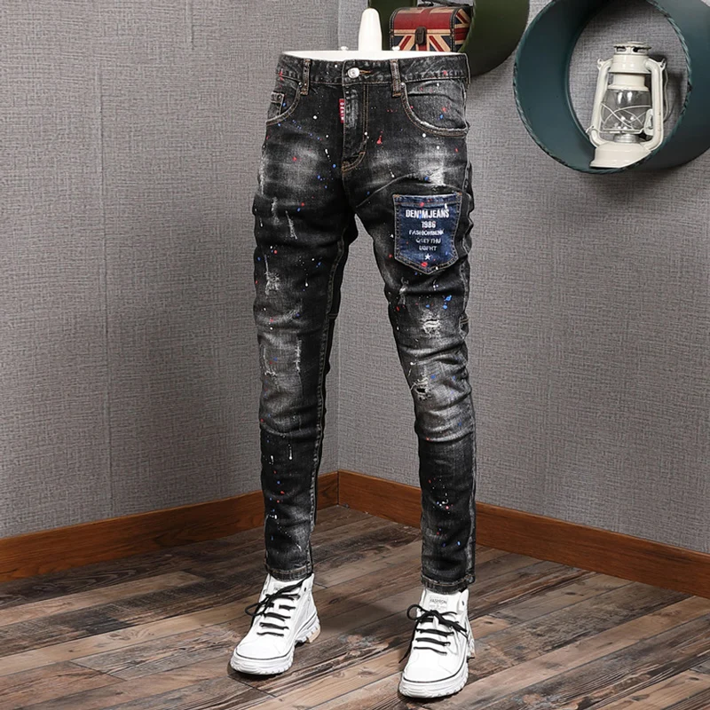 Street Designer Fashion Men Jeans Retro Black Gray Stretch Slim Fit Ripped Jeans Men Painted Vintage Hip Hop Y2K Denim Pants
