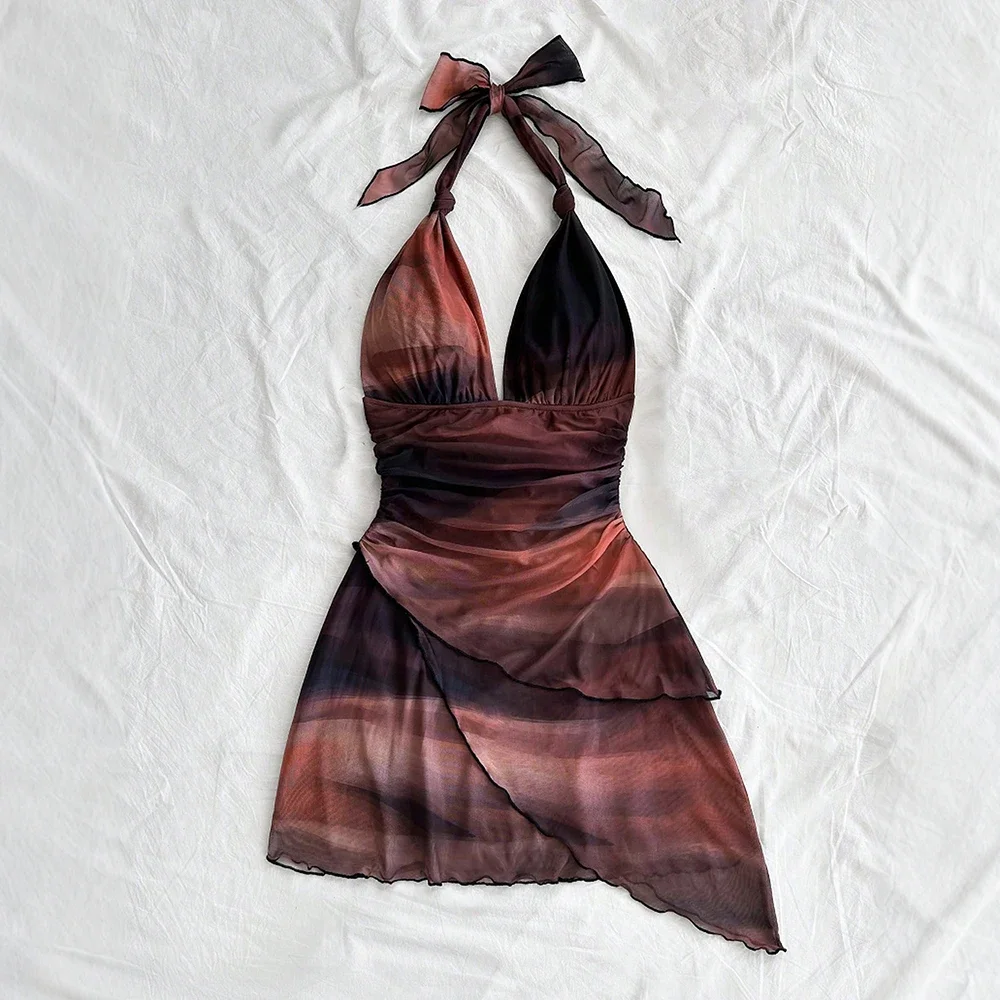 فساتين صيفية عصرية متدرجة لائقة بدون أكمام ورقبة رسن فساتين كامي صغيرة على طراز الشاطئ للنساء